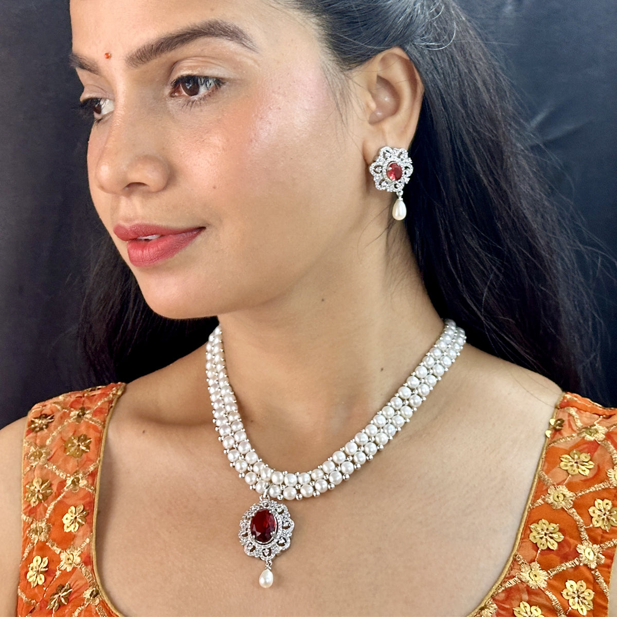 J Pearls Ravishing Dual Line Pearl Necklace Set - Distacart