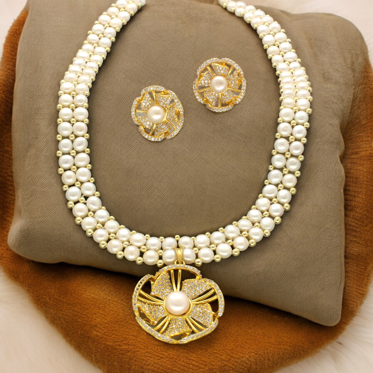 J Pearls Resplendent Dual Line Pearl Necklace Set - Distacart
