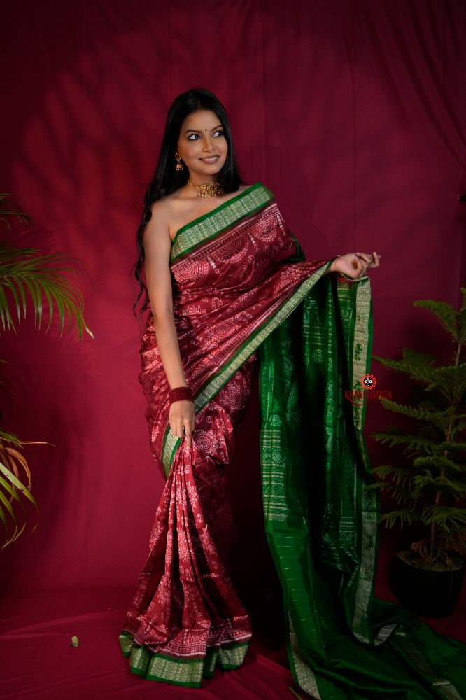khanduapata Maroon & Lush Green Body Design Silk Saree For Women