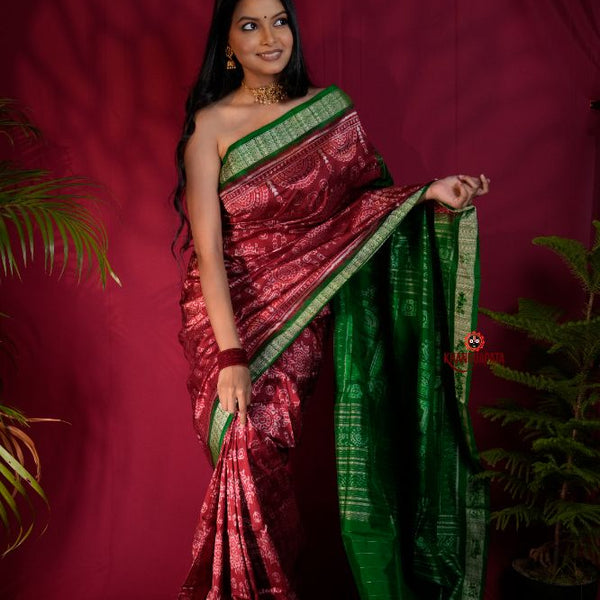 khanduapata Maroon & Lush Green Body Design Silk Saree For Women