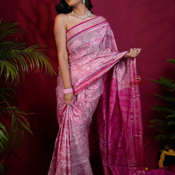 khanduapata Blush Pink & Intricate White Floral Design Silk Saree For Women