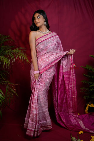 khanduapata Blush Pink & Intricate White Floral Design Silk Saree For Women