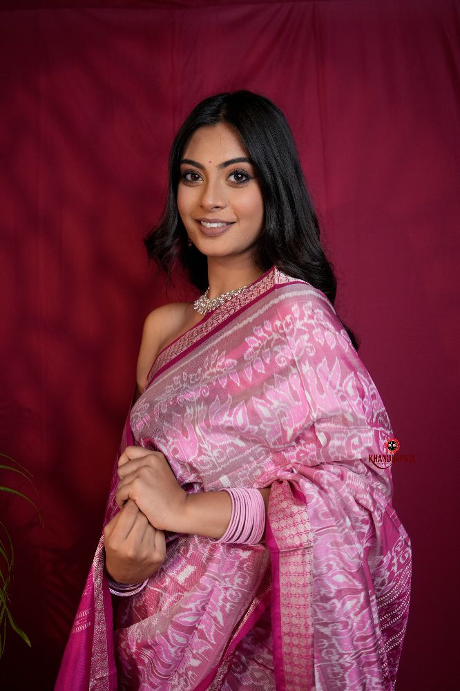 khanduapata Blush Pink & Intricate White Floral Design Silk Saree For Women