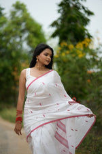 Thumbnail for khanduapata White & Red Leaf Pattern Cotton Saree For Women
