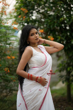 Thumbnail for khanduapata White & Red Leaf Pattern Cotton Saree For Women