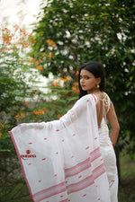 Thumbnail for khanduapata White & Red Leaf Pattern Cotton Saree For Women