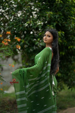 Thumbnail for khanduapata Green & White Leaf Pattern Cotton Saree For Women