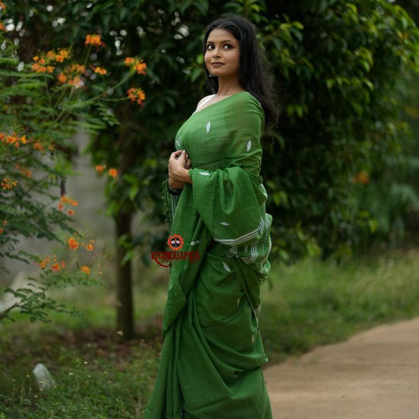 khanduapata Green & White Leaf Pattern Cotton Saree For Women