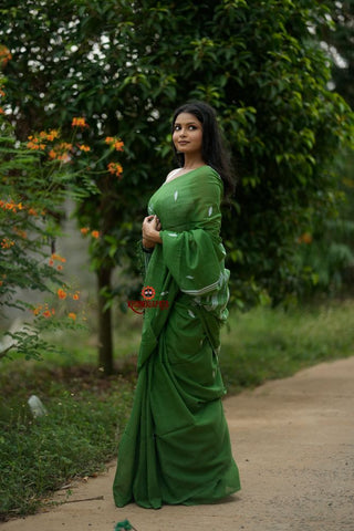 khanduapata Green & White Leaf Pattern Cotton Saree For Women