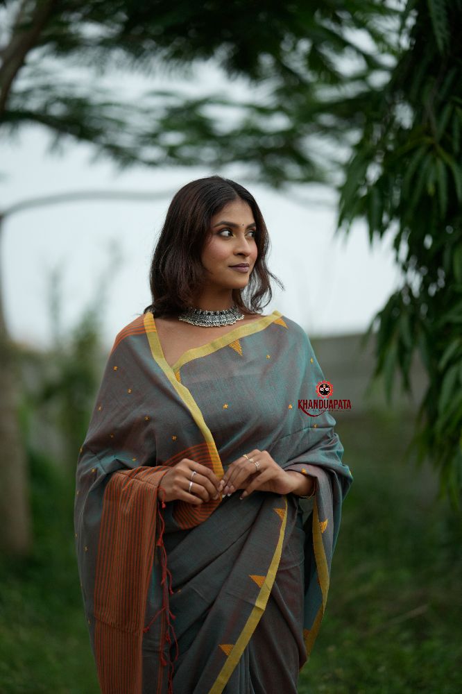 khanduapata Orange and Grey Dot Pattern Cotton Saree For Women