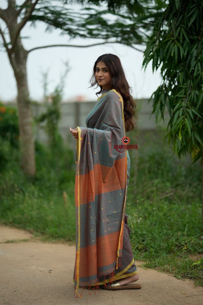 khanduapata Orange and Grey Dot Pattern Cotton Saree For Women