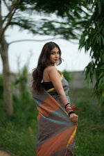 Thumbnail for khanduapata Orange and Grey Dot Pattern Cotton Saree For Women