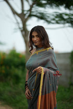 Thumbnail for khanduapata Orange and Grey Dot Pattern Cotton Saree For Women