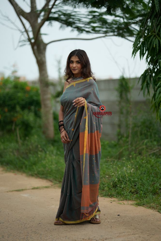 khanduapata Orange and Grey Dot Pattern Cotton Saree For Women