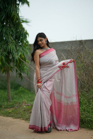 khanduapata Grey and Soft Pink Cotton Saree For Women