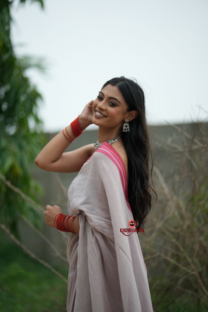 khanduapata Grey and Soft Pink Cotton Saree For Women