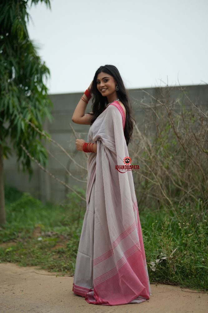 khanduapata Grey and Soft Pink Cotton Saree For Women