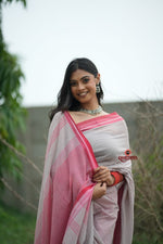 Thumbnail for khanduapata Grey and Soft Pink Cotton Saree For Women