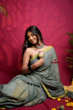 Thumbnail for khanduapata Grey and Yellow Dot Pattern Cotton Saree For Women