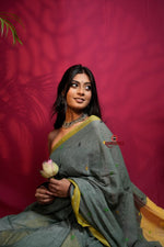 Thumbnail for khanduapata Grey and Yellow Dot Pattern Cotton Saree For Women