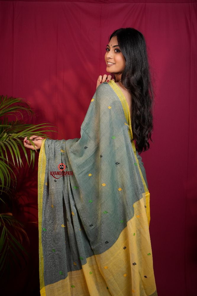 khanduapata Grey and Yellow Dot Pattern Cotton Saree For Women