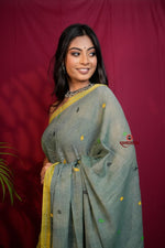 Thumbnail for khanduapata Grey and Yellow Dot Pattern Cotton Saree For Women