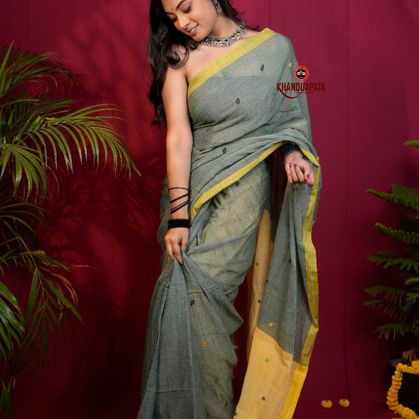 khanduapata Grey and Yellow Dot Pattern Cotton Saree For Women