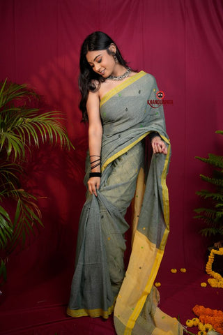 khanduapata Grey and Yellow Dot Pattern Cotton Saree For Women
