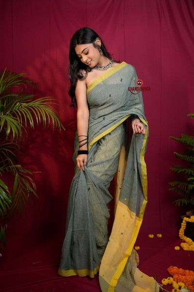 khanduapata Grey and Yellow Dot Pattern Cotton Saree For Women
