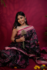 Thumbnail for khanduapata Pink & Black Floral Design Silk Saree For Women