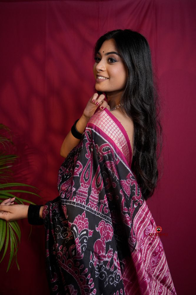 khanduapata Pink & Black Floral Design Silk Saree For Women