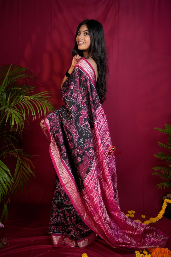 khanduapata Pink & Black Floral Design Silk Saree For Women