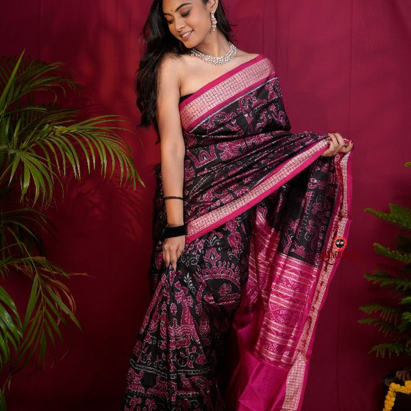 khanduapata Pink & Black Floral Design Silk Saree For Women