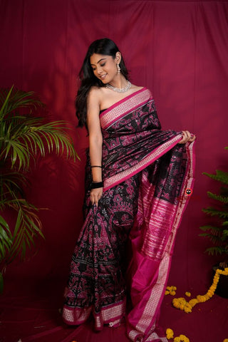 khanduapata Pink & Black Floral Design Silk Saree For Women