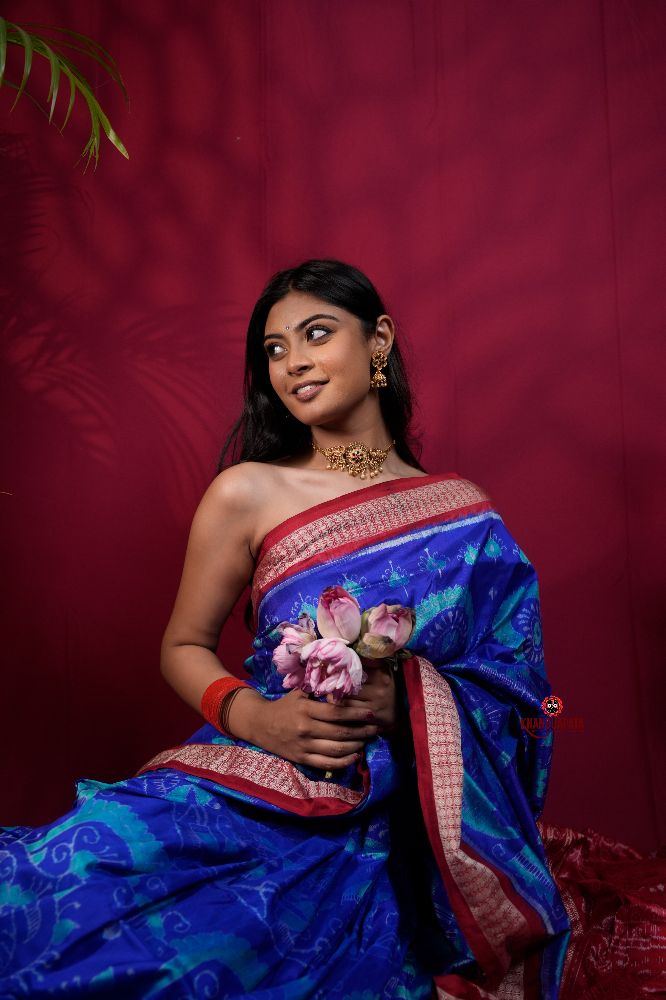 khanduapata Red & Blue Floral Design Silk Saree For Women