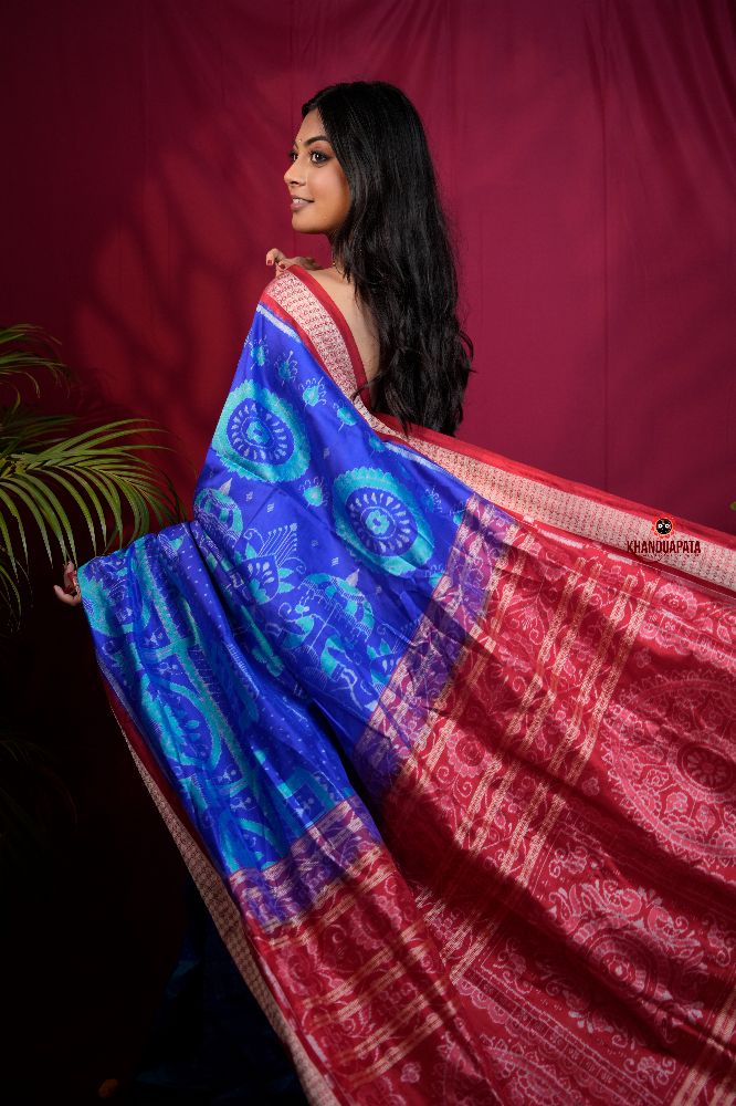 khanduapata Red & Blue Floral Design Silk Saree For Women