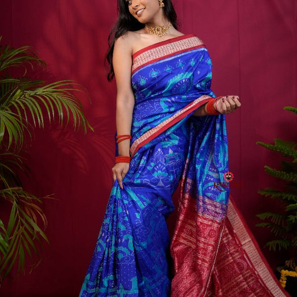 khanduapata Red & Blue Floral Design Silk Saree For Women