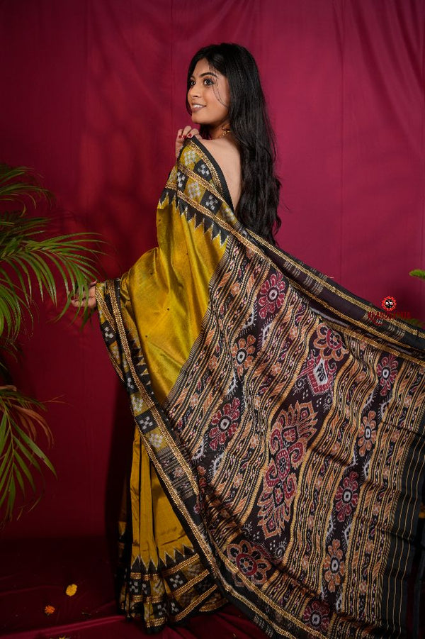 khanduapata Mustard Yellow Colour Double Border Dot Design Silk Saree For Women