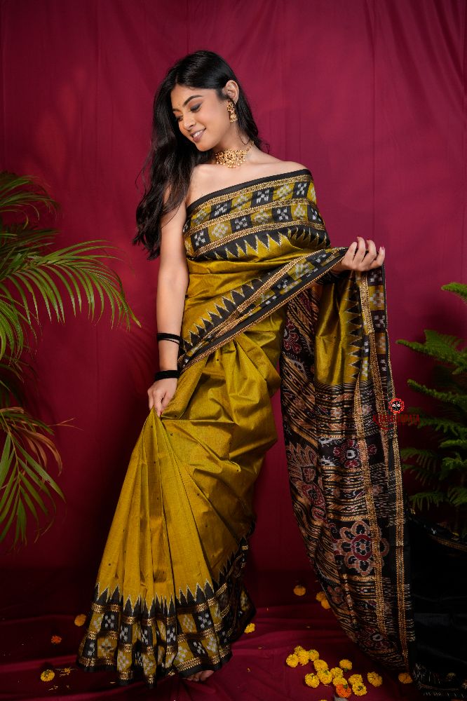 khanduapata Mustard Yellow Colour Double Border Dot Design Silk Saree For Women
