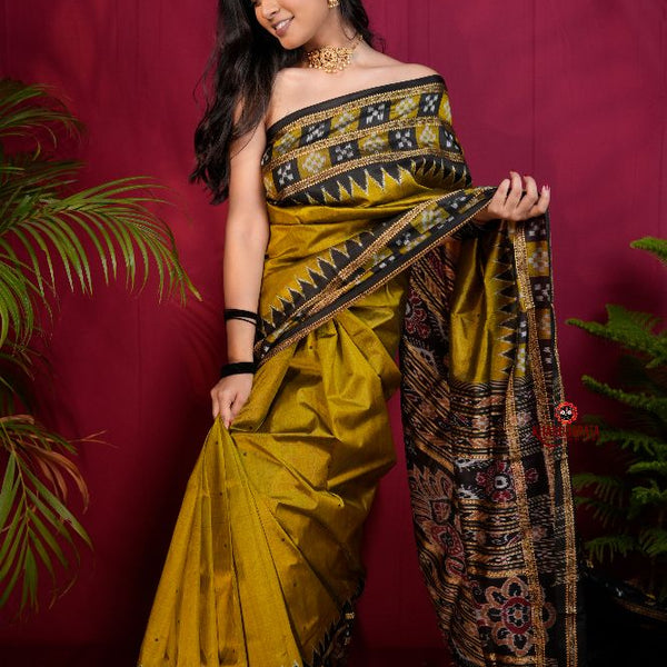 khanduapata Mustard Yellow Colour Double Border Dot Design Silk Saree For Women