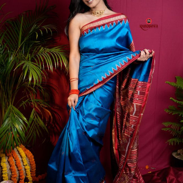 khanduapata Red & Blue Colour Dot Design Silk Saree For Women