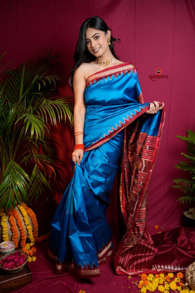 khanduapata Red & Blue Colour Dot Design Silk Saree For Women