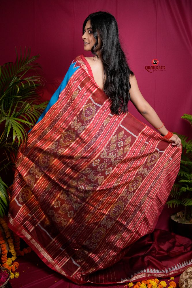 khanduapata Red & Blue Colour Dot Design Silk Saree For Women