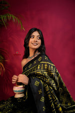 Thumbnail for khanduapata Black & Bright Yellow Colour Hindi Alphabet Design Silk Saree For Women