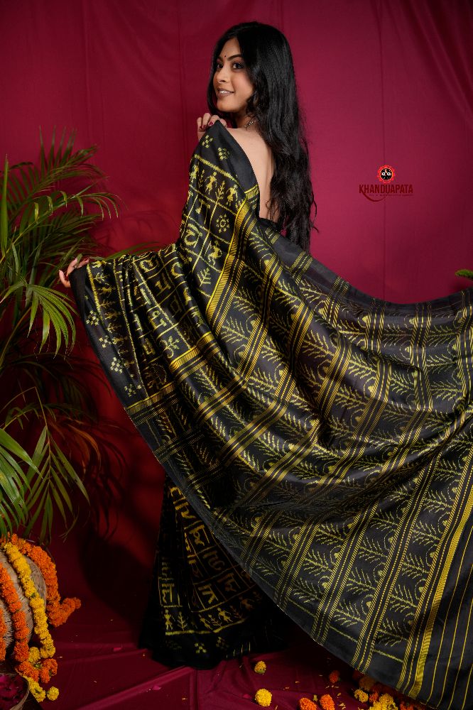 khanduapata Black & Bright Yellow Colour Hindi Alphabet Design Silk Saree For Women