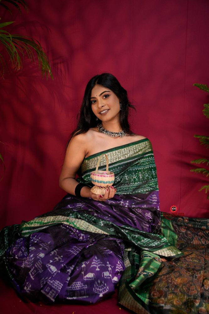 khanduapata Green & Purple Colour Floral Design Silk Saree For Women