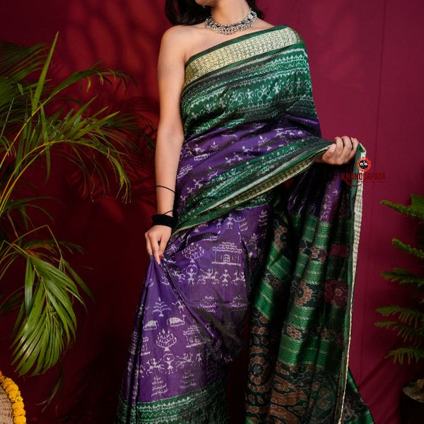 khanduapata Green & Purple Colour Floral Design Silk Saree For Women - Distacart