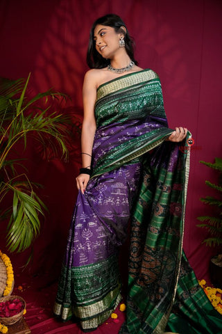 khanduapata Green & Purple Colour Floral Design Silk Saree For Women