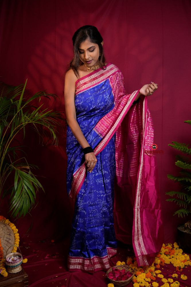 khanduapata Red & Blue Colour Geometric Design Silk Saree For Women