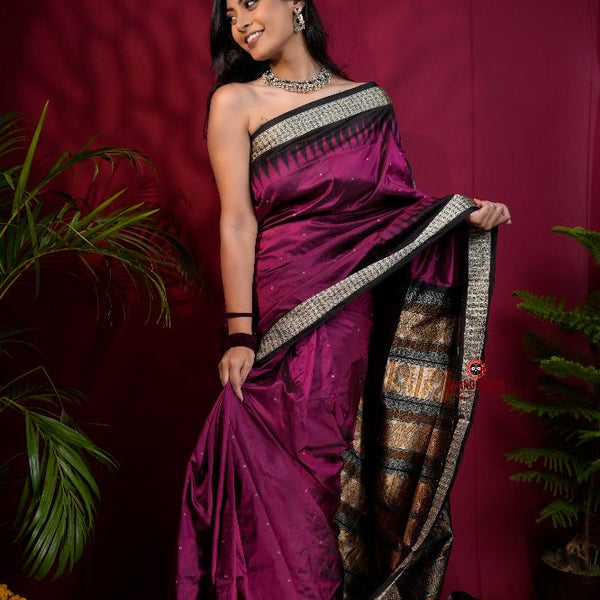 khanduapata Black & Magenta Colour Dot Design Silk Saree For Women